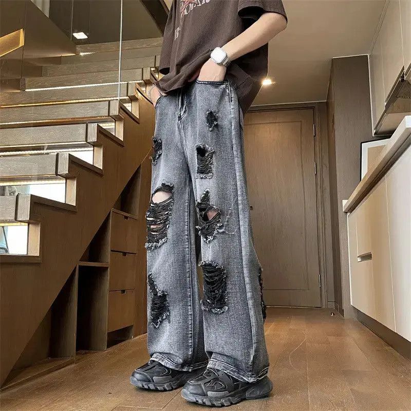 Japanese Brand Retro loose wide leg straight leg ripped jeans Size US 32 / EU 48 - 1 Thumbnail
