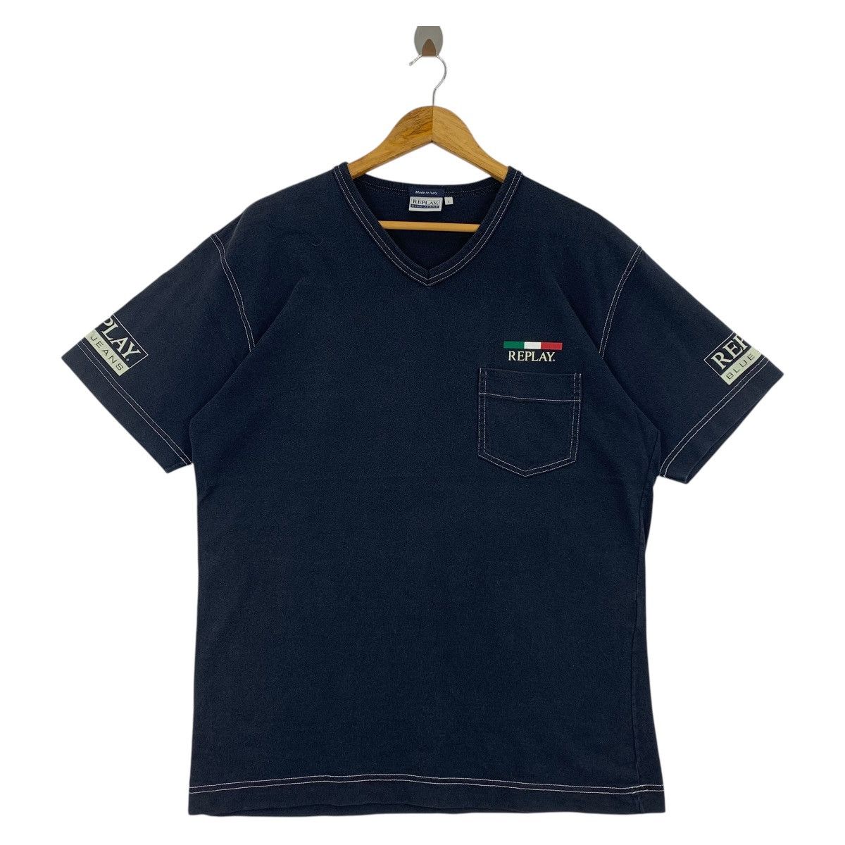 Replay × Vintage Vintage REPLAY Blue Jeans big spellout italian designer tee Size US L / EU 52-54 / 3 - 2 Thumbnail