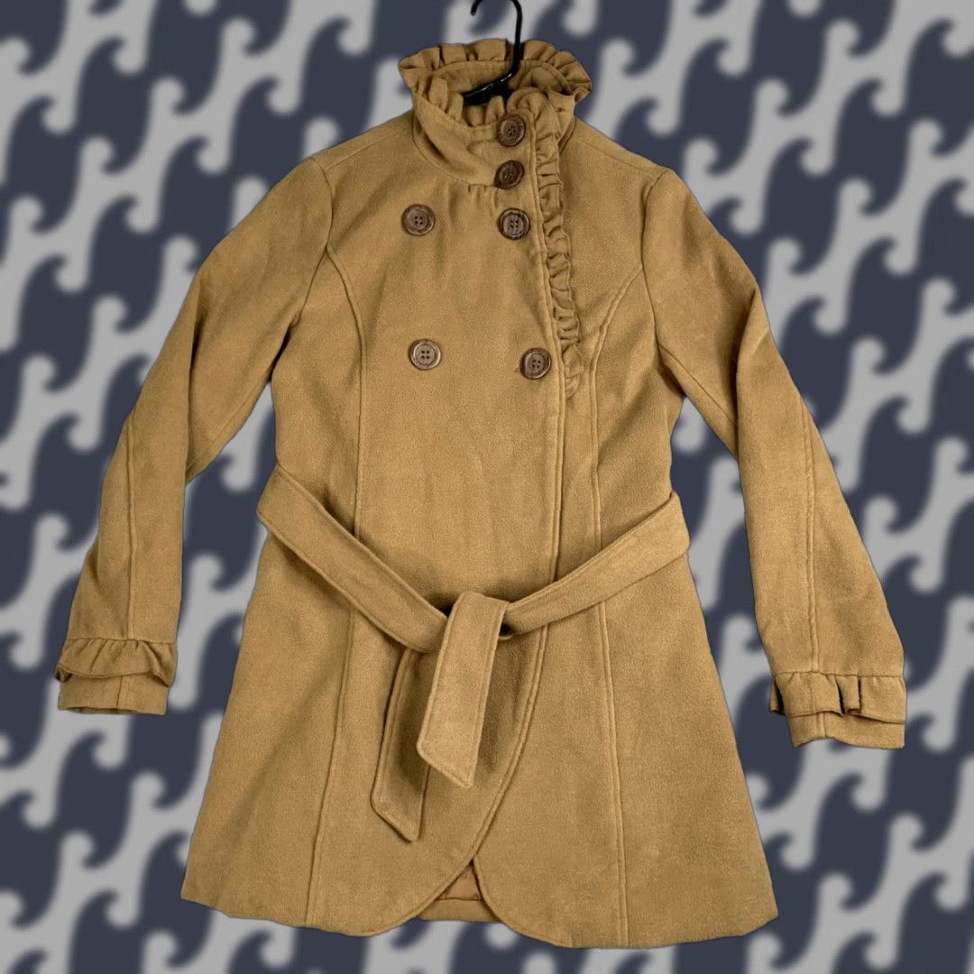 Vintage Rue 21 Coat Womens M Tan Long Cross Over Button Belted Lined Hat? Size M / US 6-8 / IT 42-44 - 1 Thumbnail