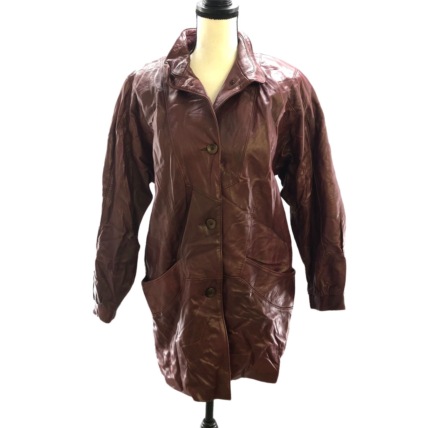 VINTAGE Leather Jacket Womens M Longline Burgundy Mahogany Made in Norway Jacket Brand: Vintage