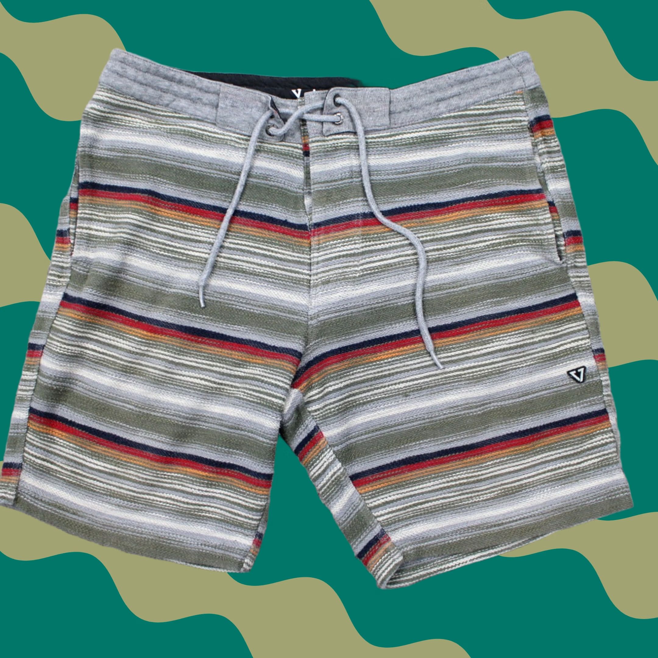 Vissla Vissla Mens Small Shorts 8" Inseam Gray/Green/Red/Yellow Cotton/Poly Casual Pockets Navy Slashed Pocket Striped Beach Outdoor Vintage: No Size US 29 - 1 Thumbnail