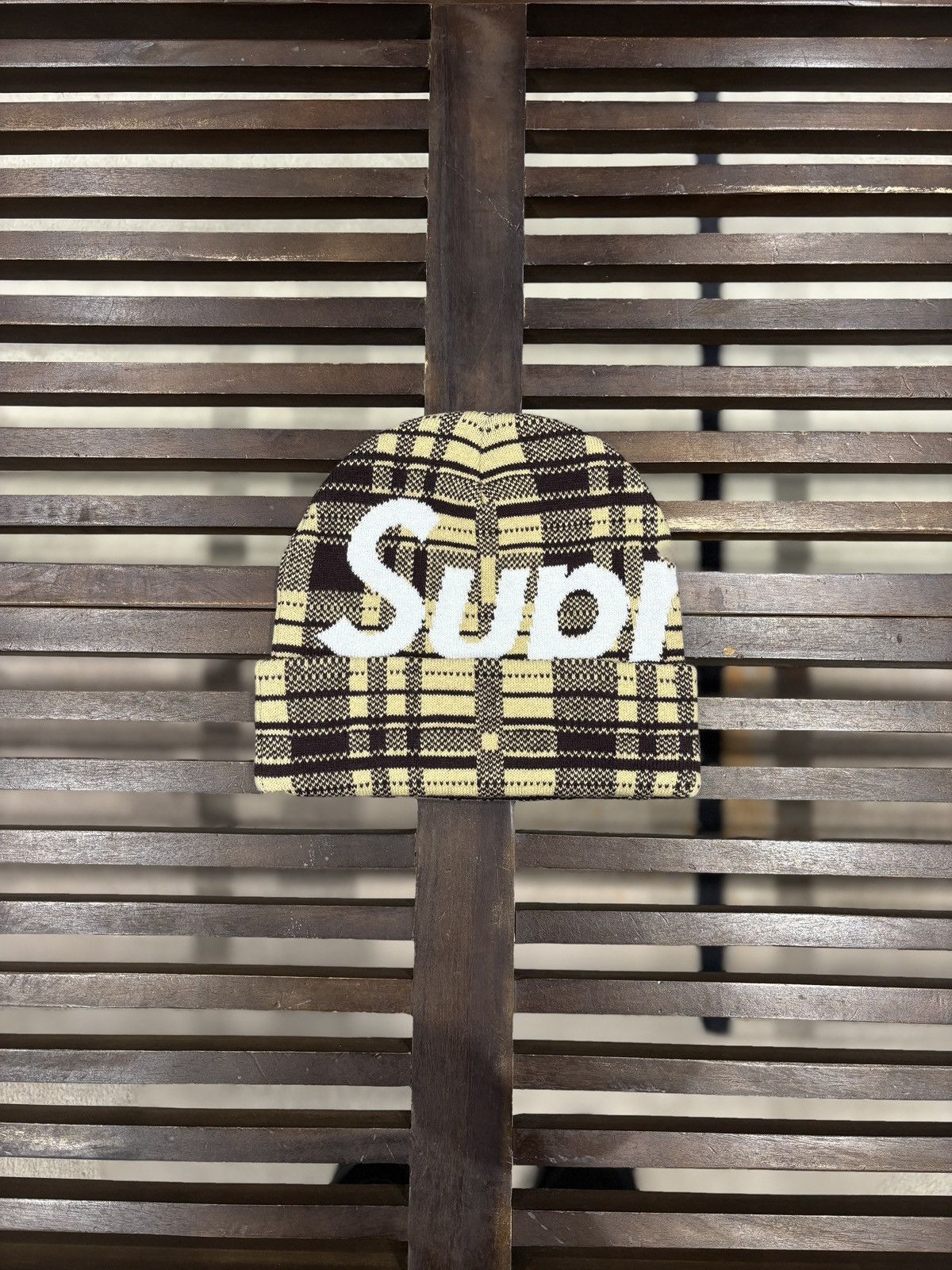 Supreme Supreme Big Logo Beanie Tan Plaid | Grailed