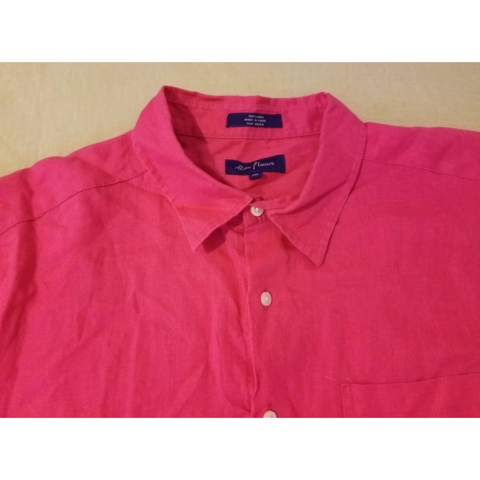 Vintage Mens Alan Flusser Red Linen Button Shirt 2XL Short Sleeve Size 48R - 2 Thumbnail