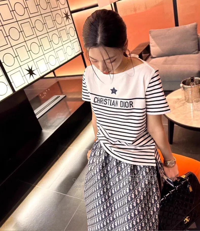 Dior Dior White striped letter print cotton round-neck short-sl Size M / US 6-8 / IT 42-44 - 8 Thumbnail