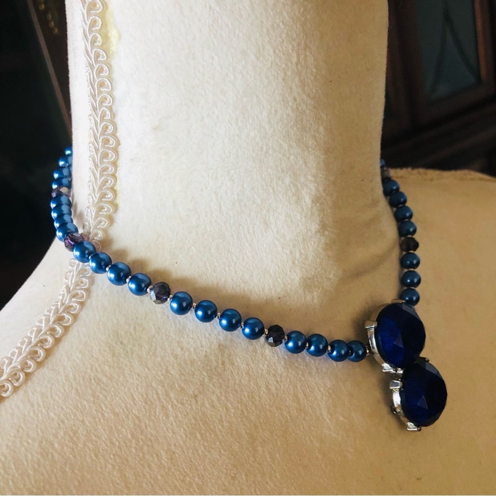 Handmade Handcrafted repurpose royal blue stone Pearl necklace Size ONE SIZE - 3 Thumbnail