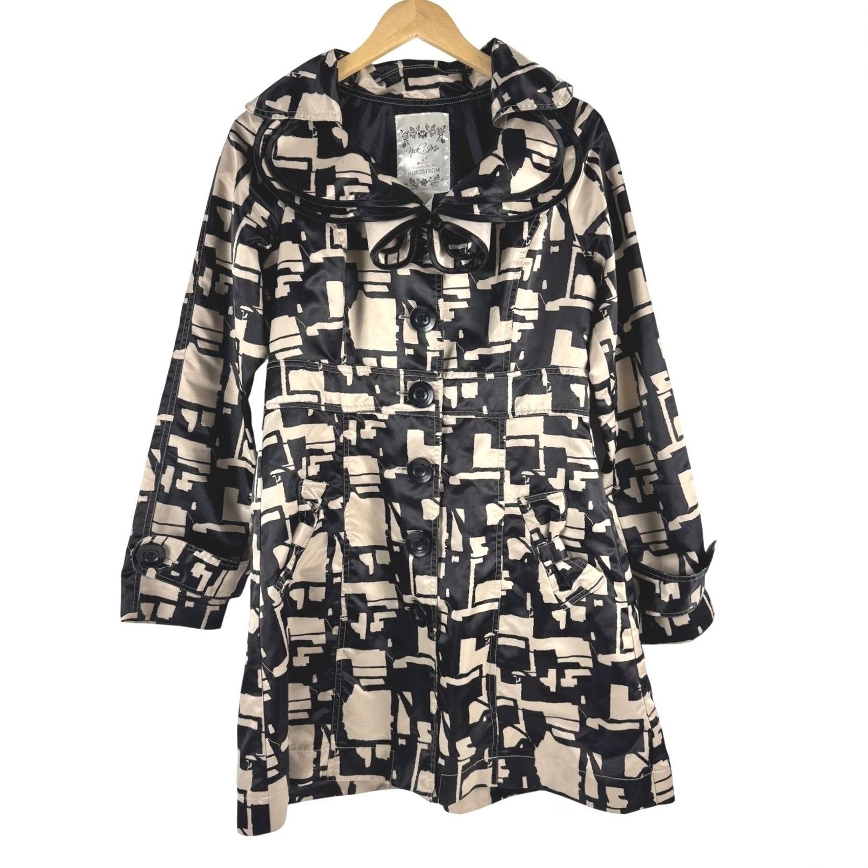 Vintage Nick Mo Nordstrom Womens Trench Coat Geometric Pattern Black Beige M Size M / US 6-8 / IT 42-44 - 2 Thumbnail