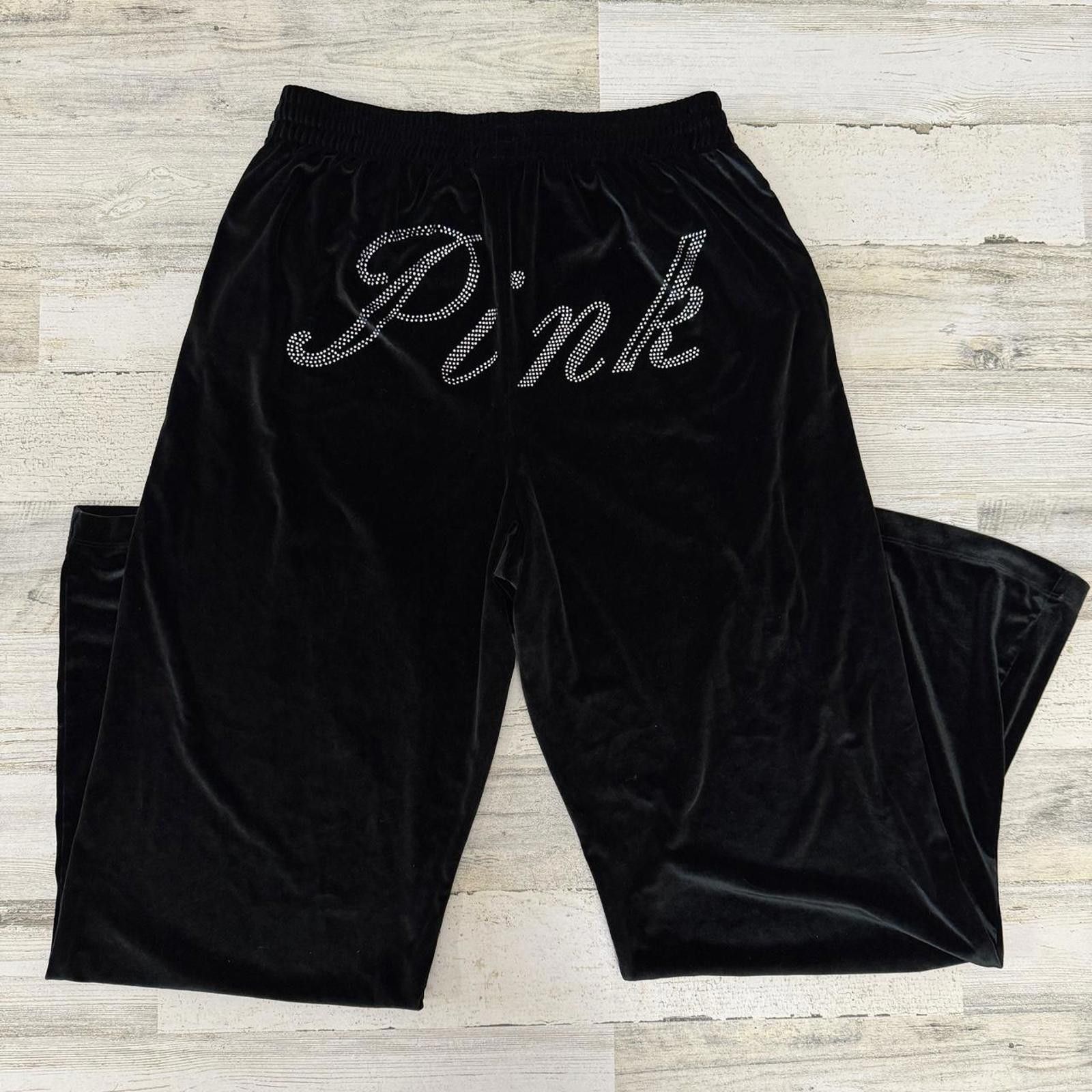 Designer Pink Velvet Rhinestone Victorias Secret Black Sweatpants L Size 36" / US 14 / IT 50 - 1 Thumbnail