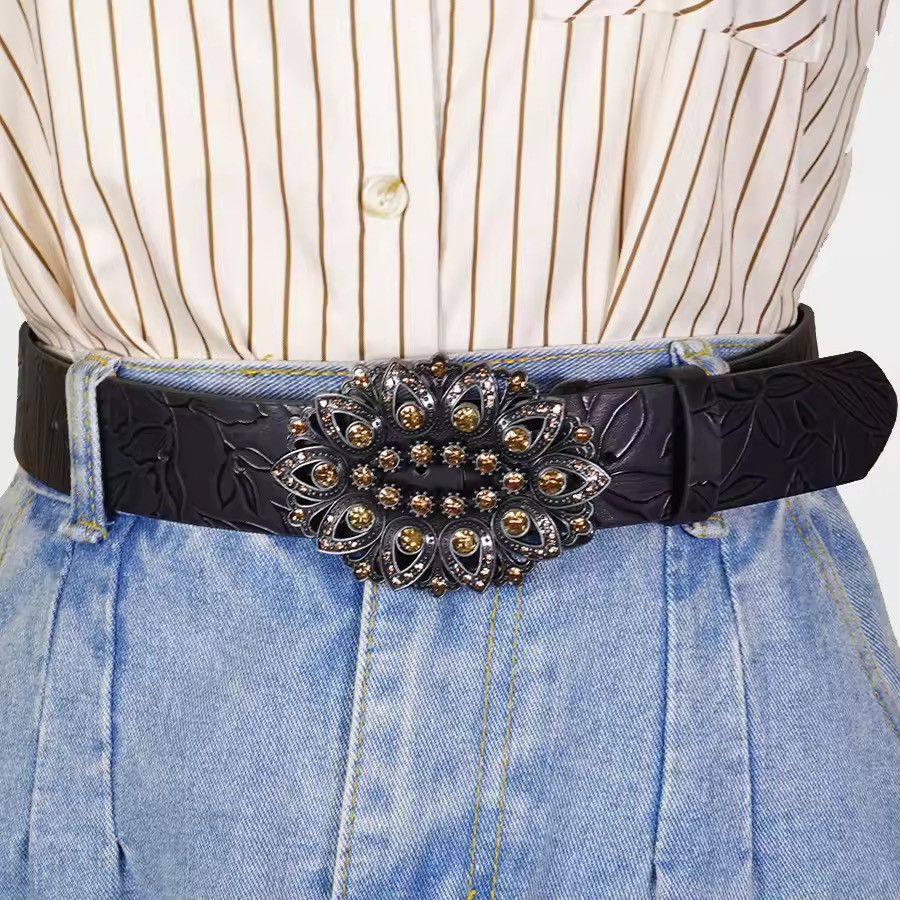 Japanese Brand 110 cm Rhinestone Inlaid Belt with Leaf Pattern Printed Belt Size 32 - 1 Thumbnail