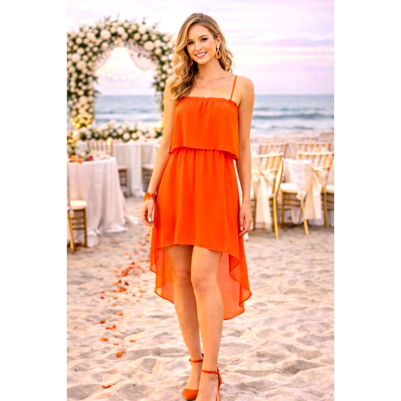 Bebe Bebe Square Neck High Low Chiffon Sleeveless Dress Orange L Size L / US 10 / IT 46 - 1 Thumbnail