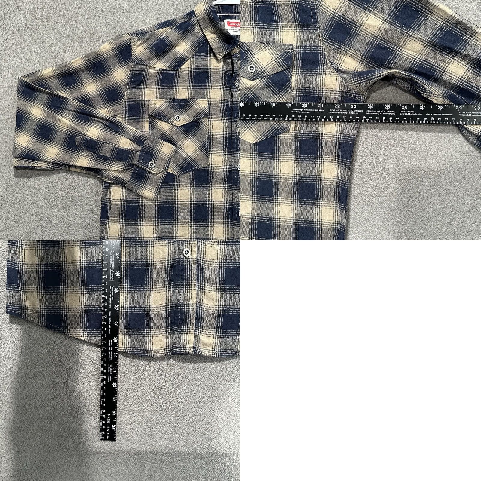 Wrangler Wrangler Shirt Mens Large Beige Blue Plaid Button Up Long Sleeve Flannel Classic Outdoor Western Size US L / EU 52-54 / 3 - 8 Thumbnail