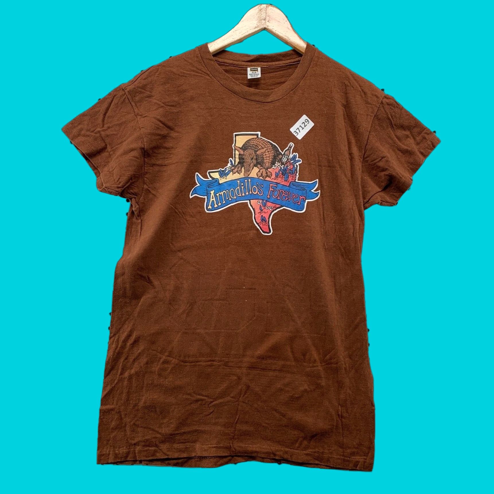 VINTAGE 70s Hanes Armadillo Forever Texas Shirt XL Graphic Print Brown Single Stitch Mens