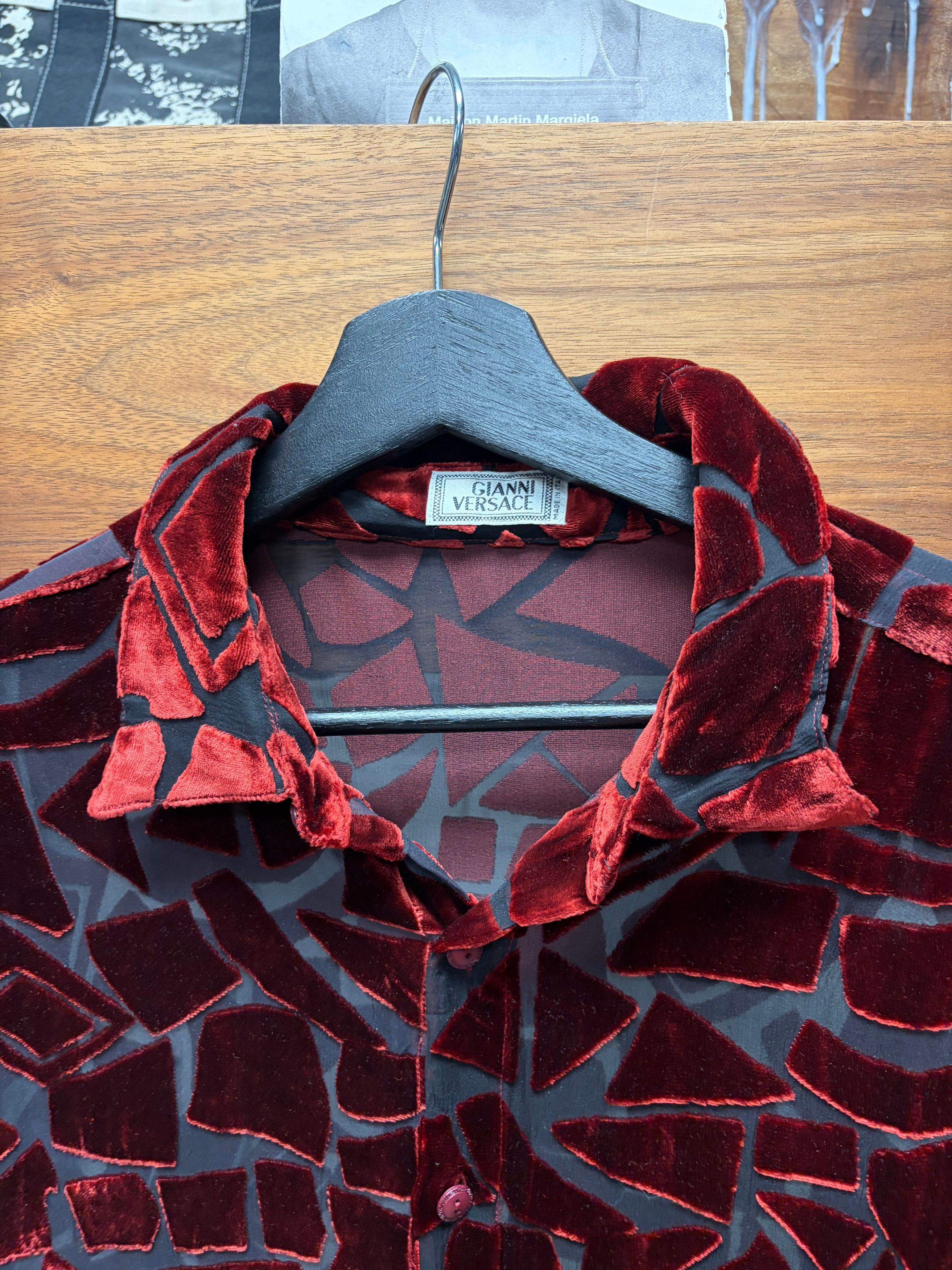 Versace Vintage Gianni Versace Sheer Mesh/Red Velvet Geometric Panelled Button Up Shirt Size US L / EU 52-54 / 3 - 4 Thumbnail