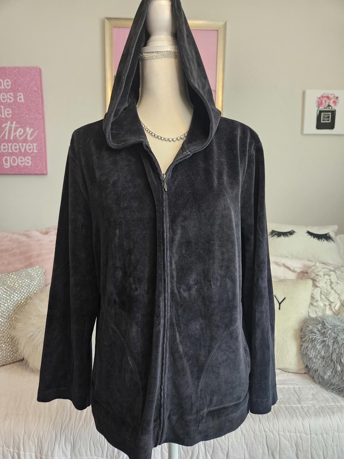 Designer Doncaster Black Velvet Cozy Hoodie Zip-Up Jacket Size XL / US 12-14 / IT 48-50 - 1 Thumbnail
