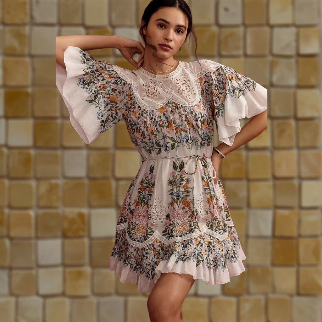 farm rio eyelet beaded mini dress Farm Rio Small Sweet Bloom Short Sleeve Lace Garden Ivory Cotton Velour The sleek black fabric Cloth Size:L Bebe Lace One Shoulder