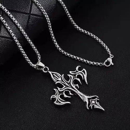 Other Vintage Flame Cross Pendant Necklace Long Chain Punk Goth Size ONE SIZE - 3 Thumbnail