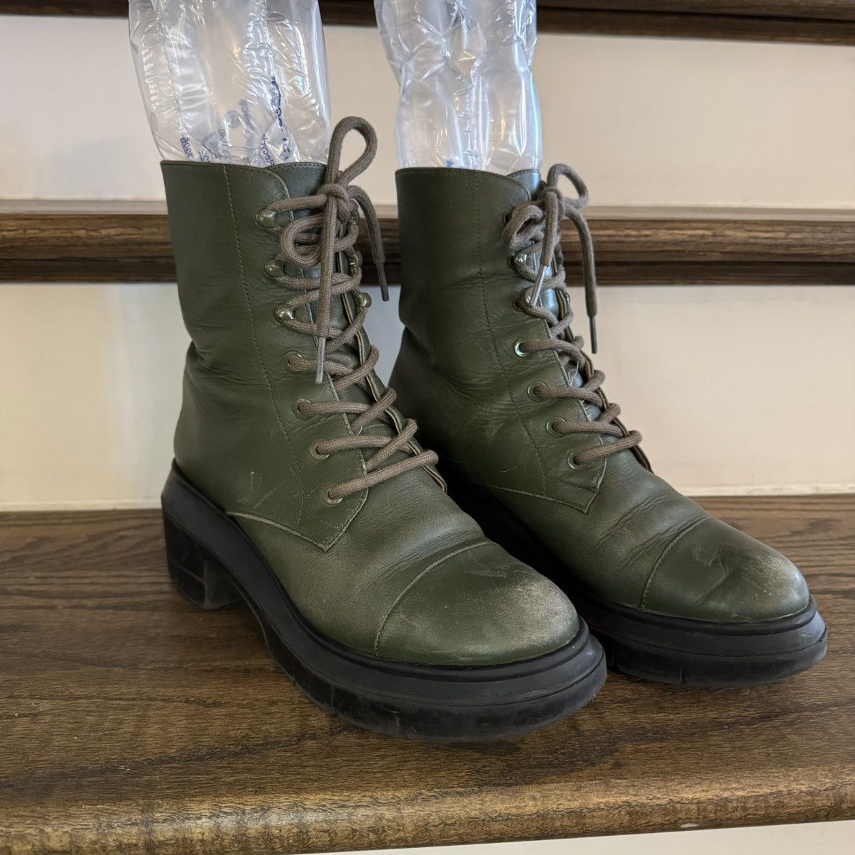 Stuart Weitzman Stuart Weitzman Olive Green Leather Platform Combat Boots Size US 6 / IT 36 - 1 Thumbnail
