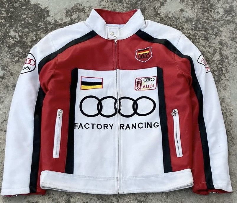 image of Genuine Leather Vintage Audi Racing Leather Jacket in Red/White, Men's (Size Medium)