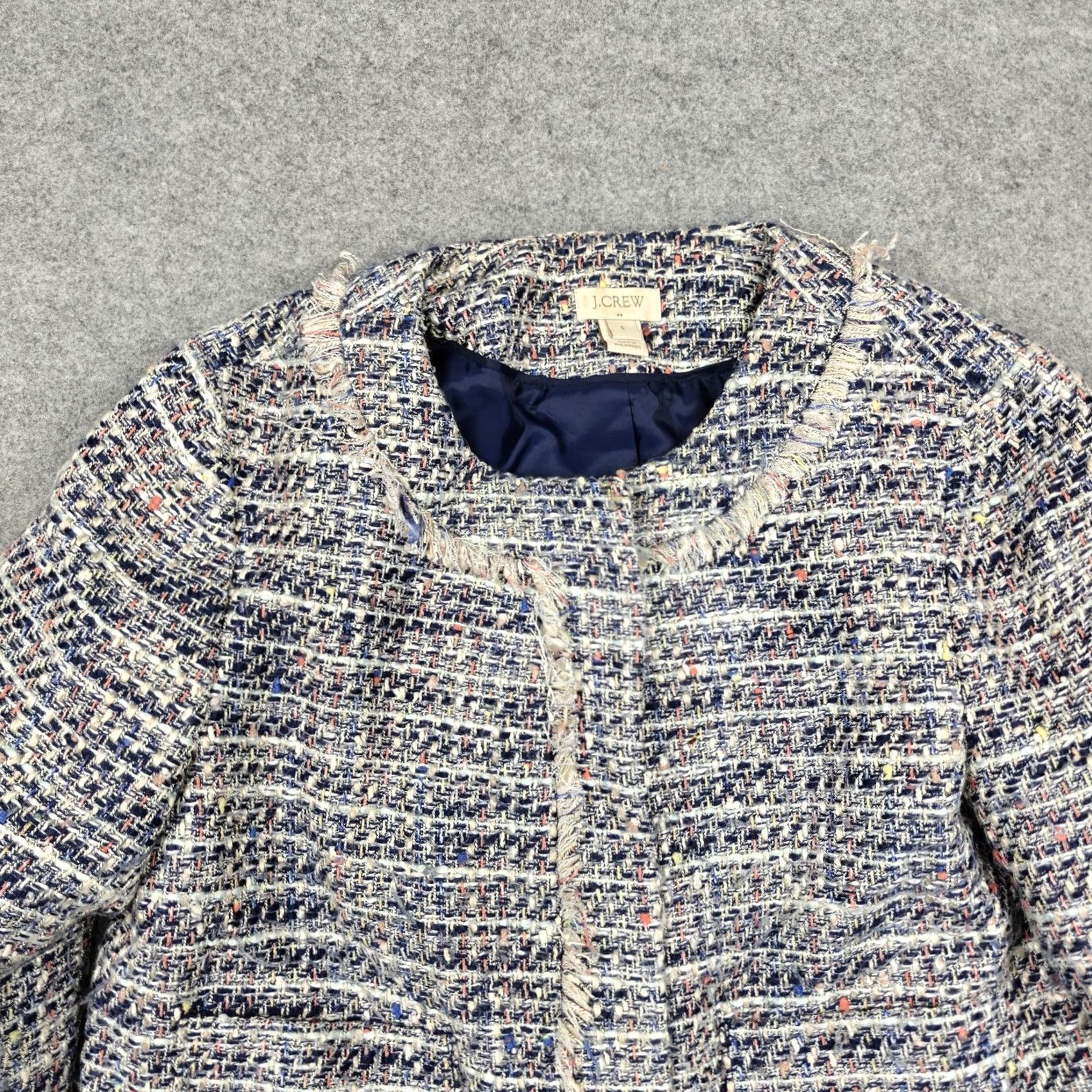 J.Crew J.CREW Jacket Womens 6 Blue Tweed Collarless Fringe Zip Pockets Short Lined Shirt Women Vintage: No Size 28" / US 6 / IT 42 - 2 Thumbnail