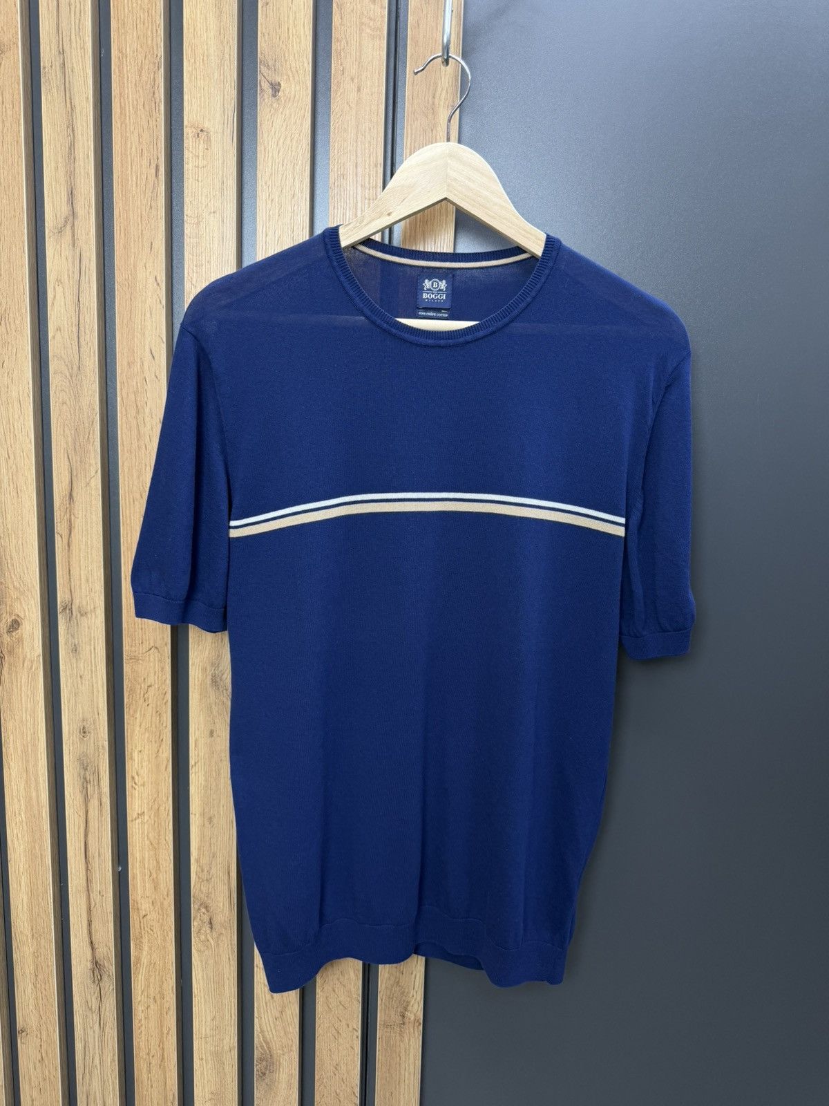 Boggi Milano Fine Crepe Cotton Knit Tee Navy Stripe Size L