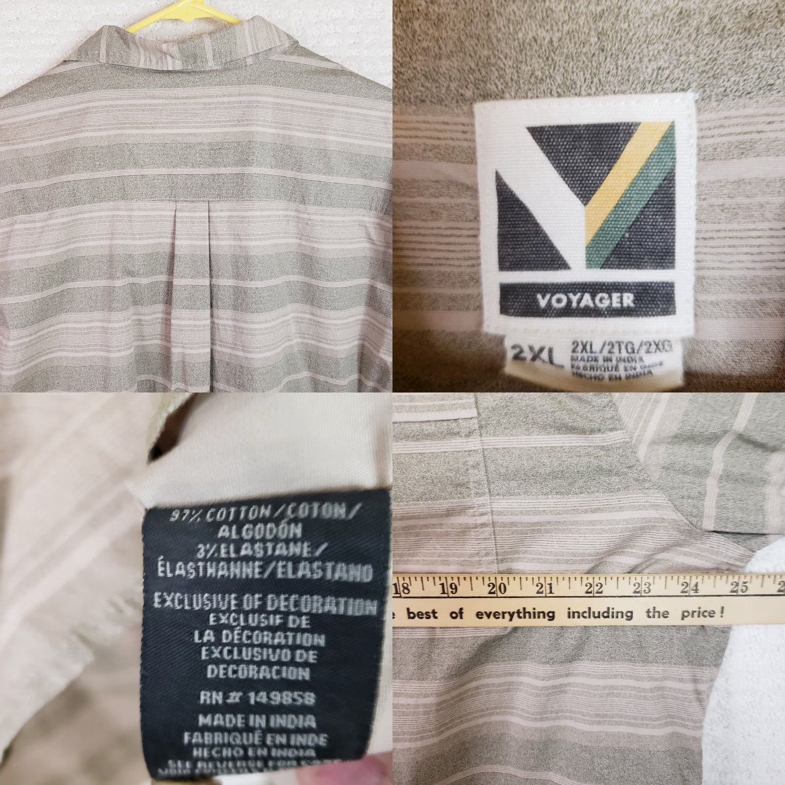 Vintage Voyager Button Shirt Men 2XL Green Beige Striped Short Sleeve Collared Button-Up Knit Stretch Regular Fit Mens Size US XXL / EU 58 / 5 - 8 Thumbnail