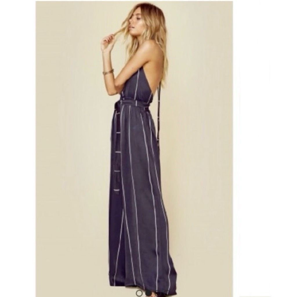 FAITHFULL Faithfull the Brand Riley Riptide Stripe Navy Silky Wide Leg Jumpsuit Women’s 2 Size 26" / US 2 / IT 38 - 4 Thumbnail