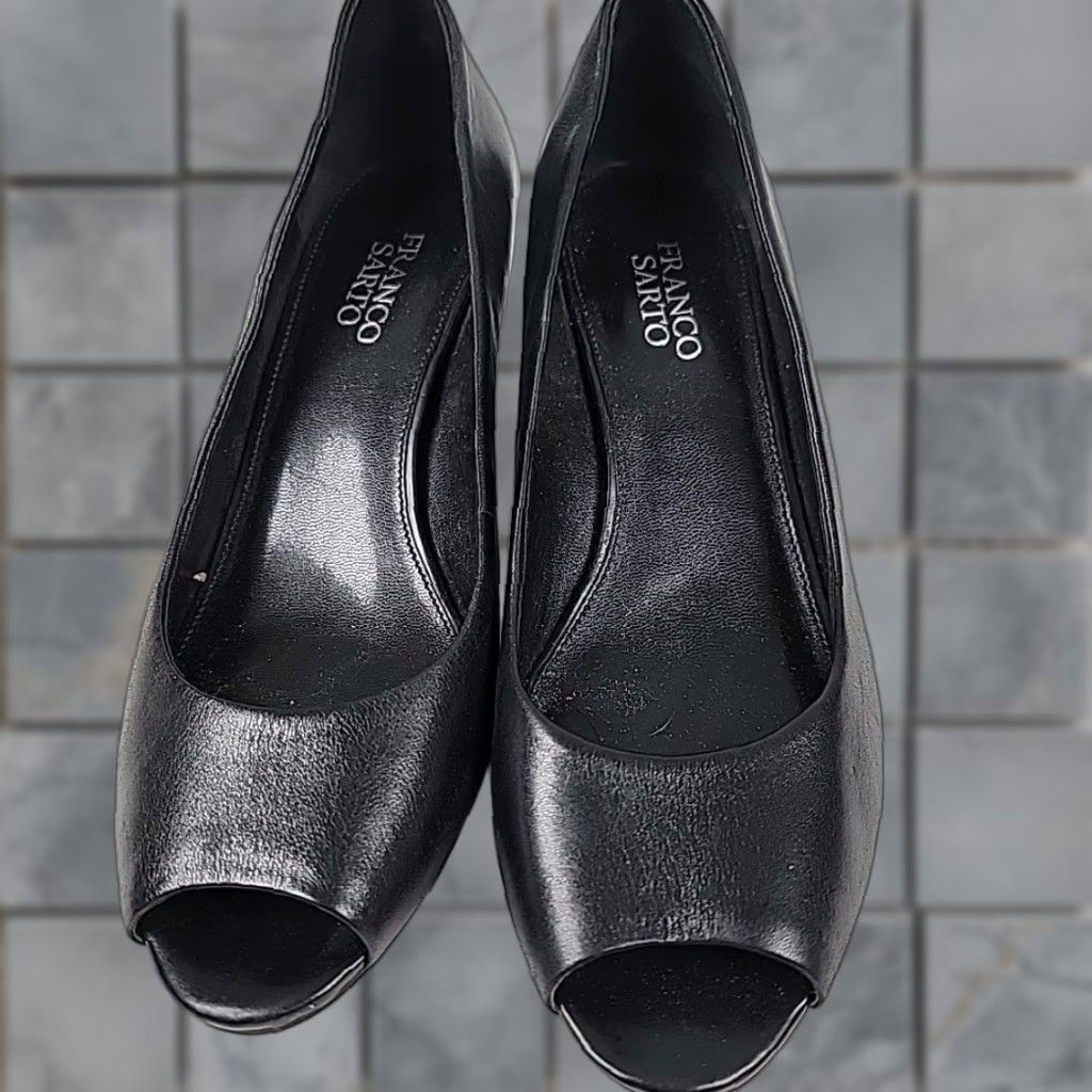 Franco Sarto Franco Sarto Women's Black Leather Heels Open Toe Slip On Block Heel Pump Size 8.5 Womens Size US 9 / IT 39 - 1 Thumbnail