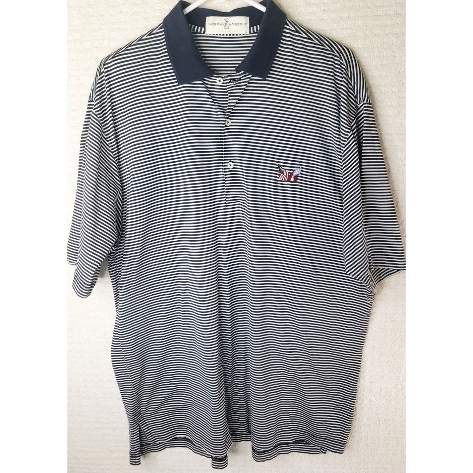 Vintage VINTAGE Fairway & Greene Men's Polo Shirt Blue White Striped Golf American Flags L Regular Adults Mens Size US L / EU 52-54 / 3 - 2 Thumbnail