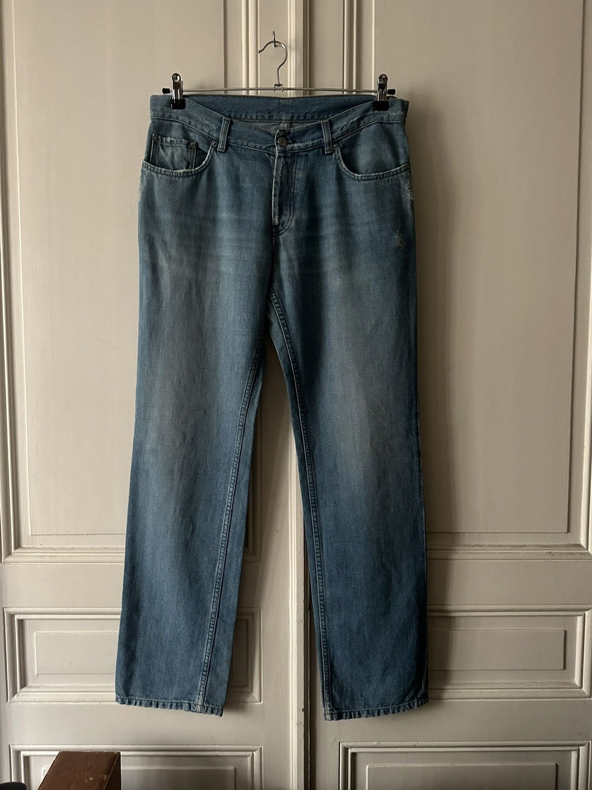 Image of Archival Clothing x Helmut Lang 00’S Helmut Lang Distressed Denim Low Waist Contour Fit - 34 in Blu