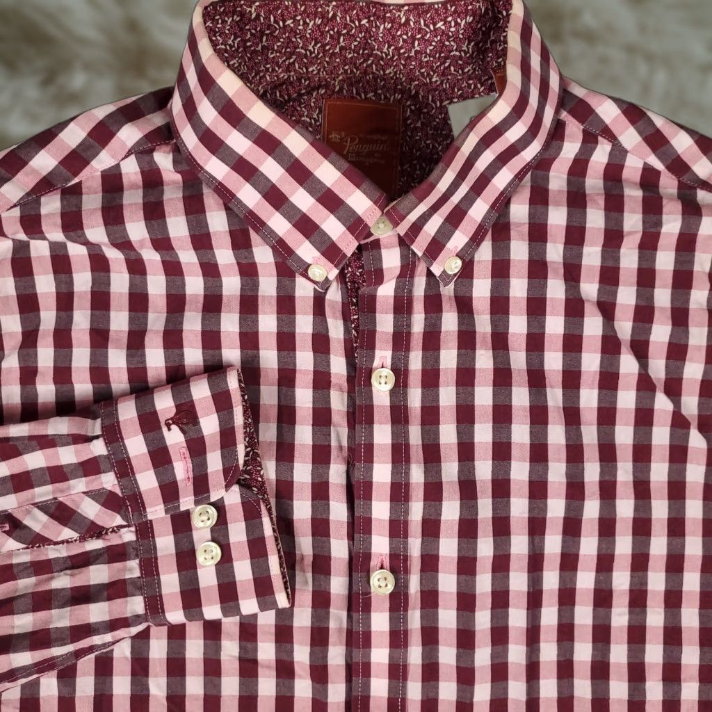 Vintage Penguin Dress Shirt Mens 15.5 Red Check Long Sleeve Button Up Size 40R - 1 Thumbnail