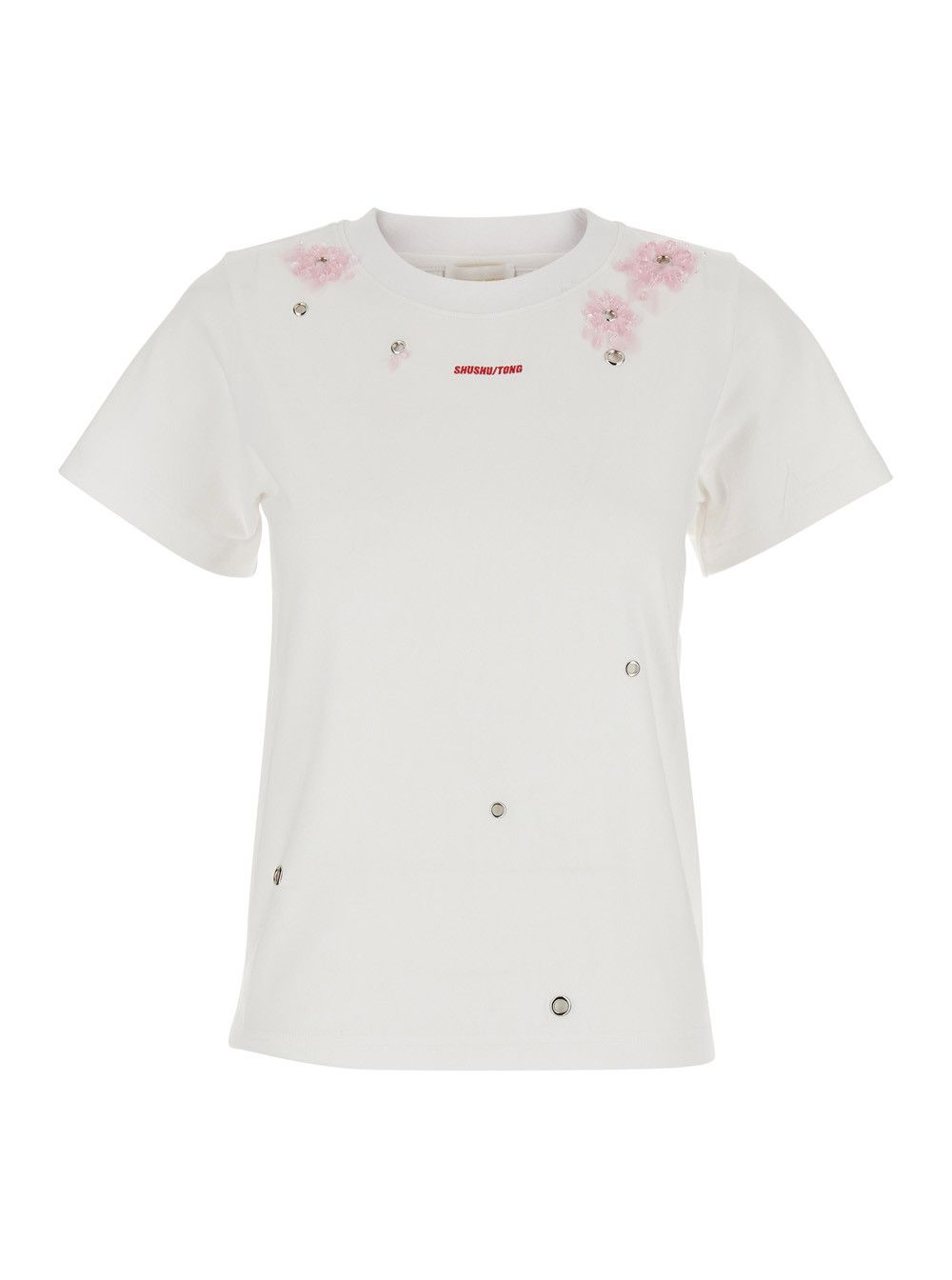 Shushu/Tong Grommet Embroidered Floral Tee - White - T-Shirt with floral embroidery and metal details - Cotton - Women Size M / US 6-8 / IT 42-44 - 1 Thumbnail