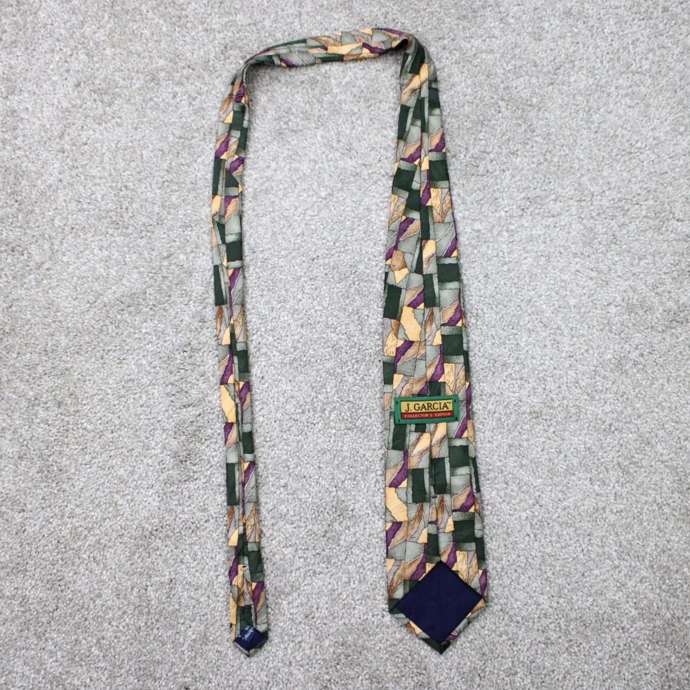Vintage J. Garcia Necktie Geometric 100% Silk Abstract Green Tan Purple 55" Long 57"-60" Classic Tie Mens Size ONE SIZE - 5 Thumbnail