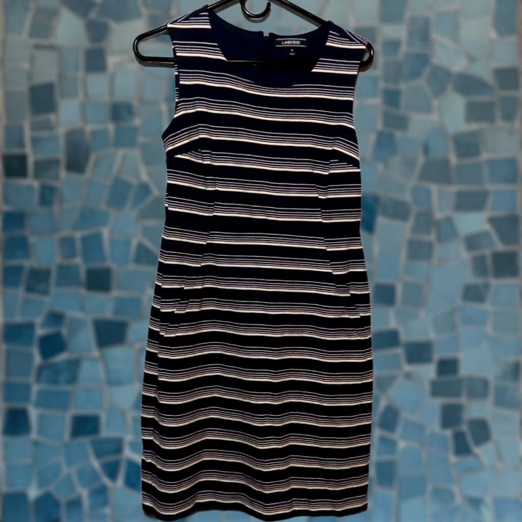 Lands' End Lands' End Womens Dress Navy White Striped Sleeveless Stretch Midi Knit Zipper Sheath Size 6 Regular Womens Size M / US 6-8 / IT 42-44 - 1 Thumbnail