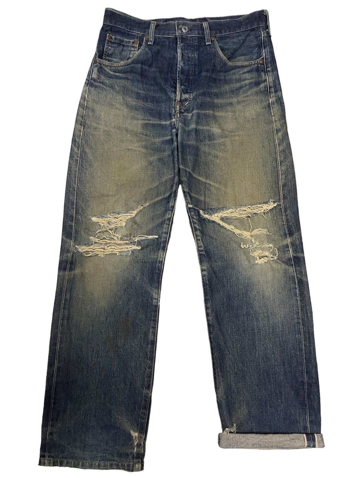 image of Archival Clothing x Levis Vintage 80's Levis 702 Big E Selvage Distressed Baggy Jeans in Blue (Size