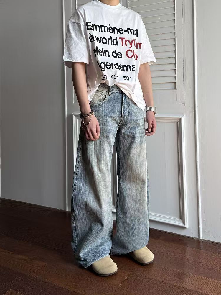 Vintage Blue Washed & Distressed Loose-Fit Curved-Leg Jeans Size US 32 / EU 48 - 2 Thumbnail