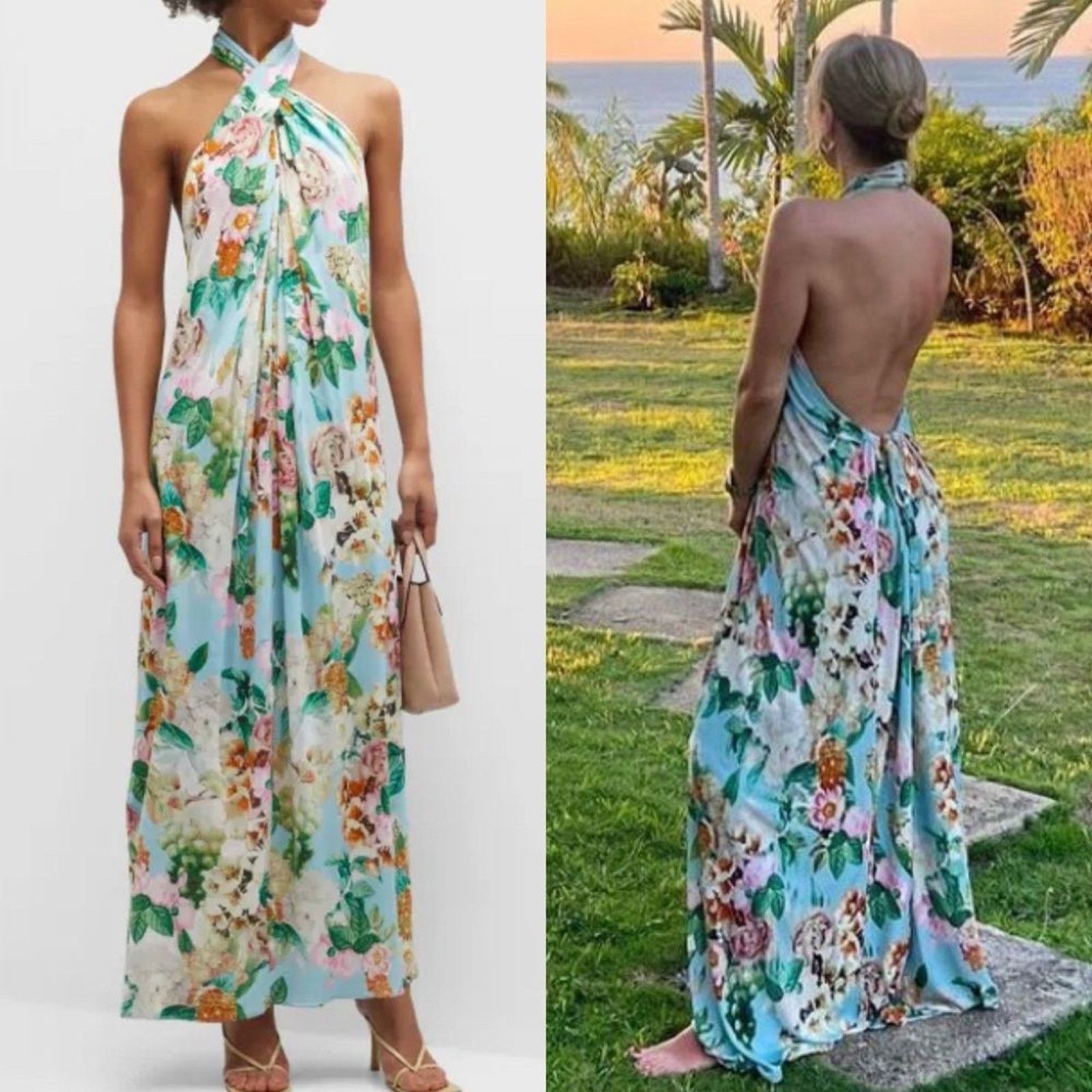 Cara Cara Marion Dress Floral Halter Chiffon Maxi Size XL