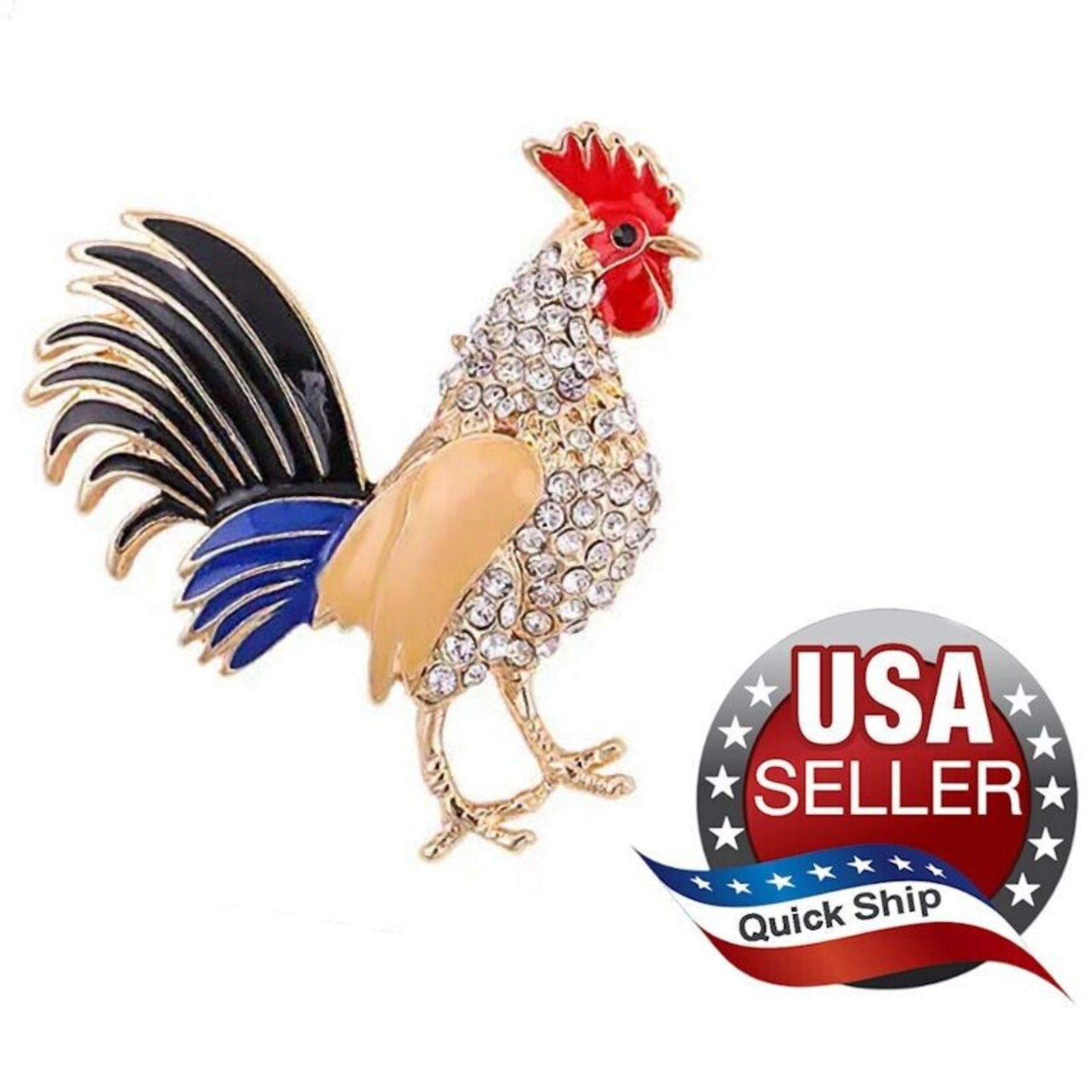 Other Rhinestones Rooster Brooch • Red Black Blue Brown Enamel Size ONE SIZE - 1 Thumbnail