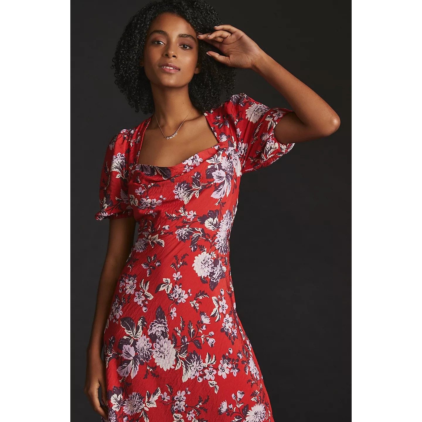 Anthropologie New Maeve Puff-Sleeve Floral Midi Dress $160 Sz 6 Red Size M / US 6-8 / IT 42-44 - 2 Thumbnail