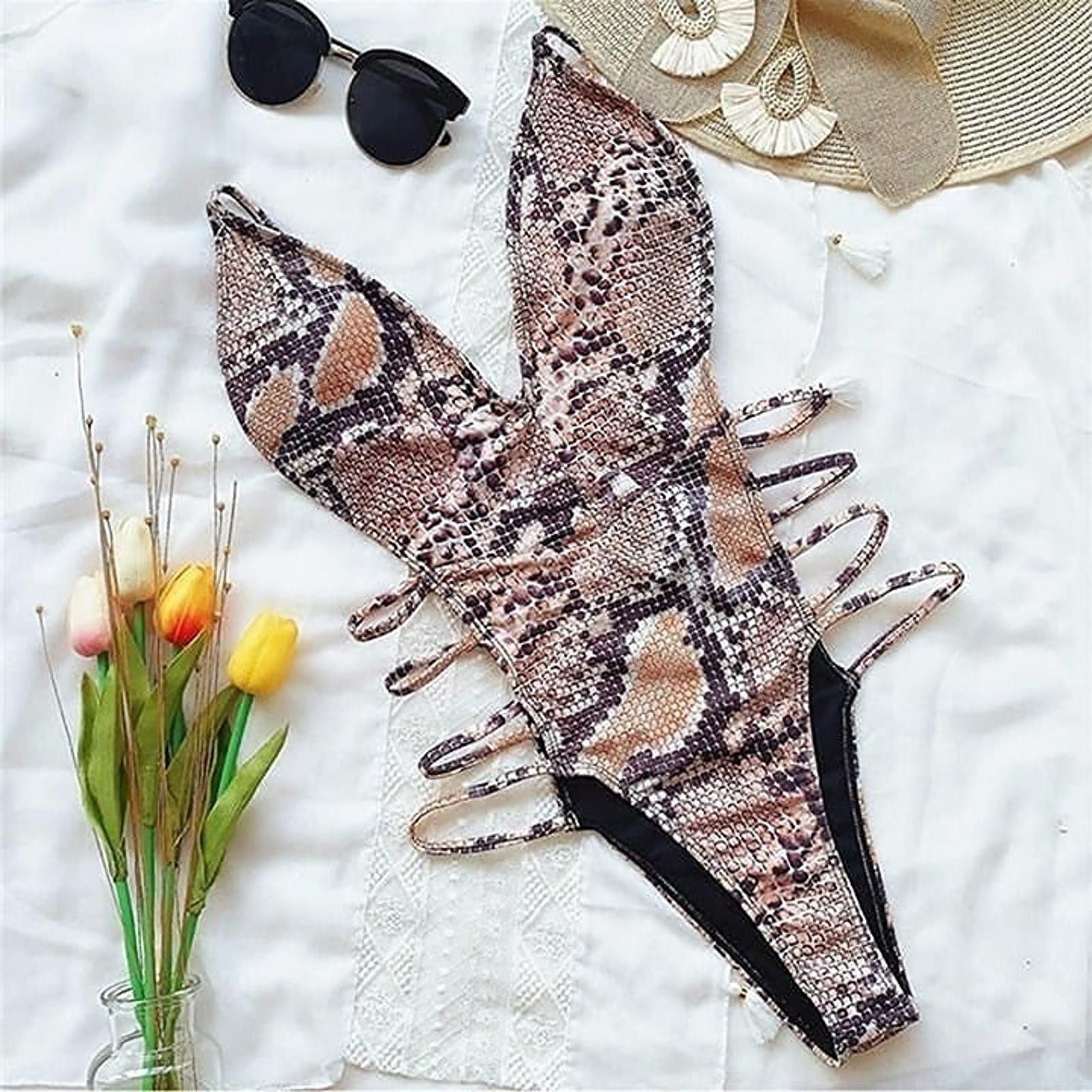 Designer Glamorous Snake Print One-Piece Swimsuit Size ONE SIZE - 6 Thumbnail