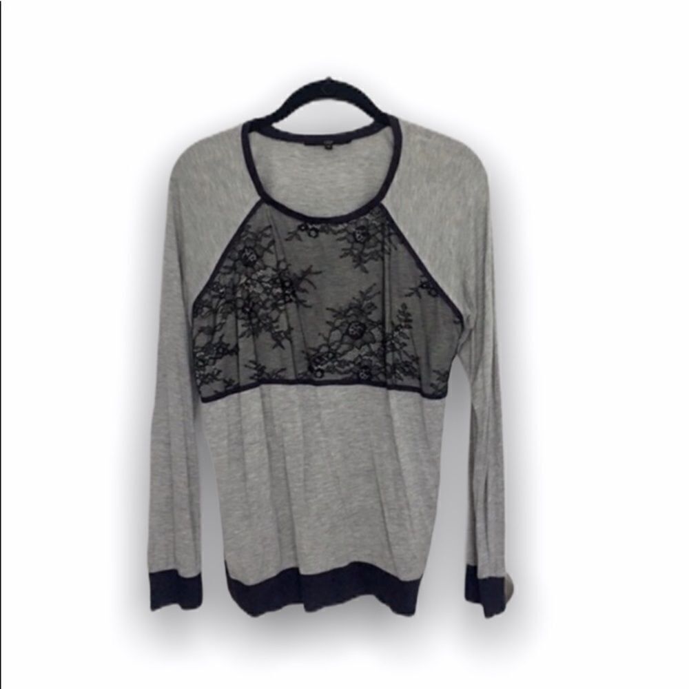 Tibi Tibi Gray Long Sleeve Top with Lace Overlay | Contrast Trim Size XS / US 0-2 / IT 36-38 - 2 Thumbnail