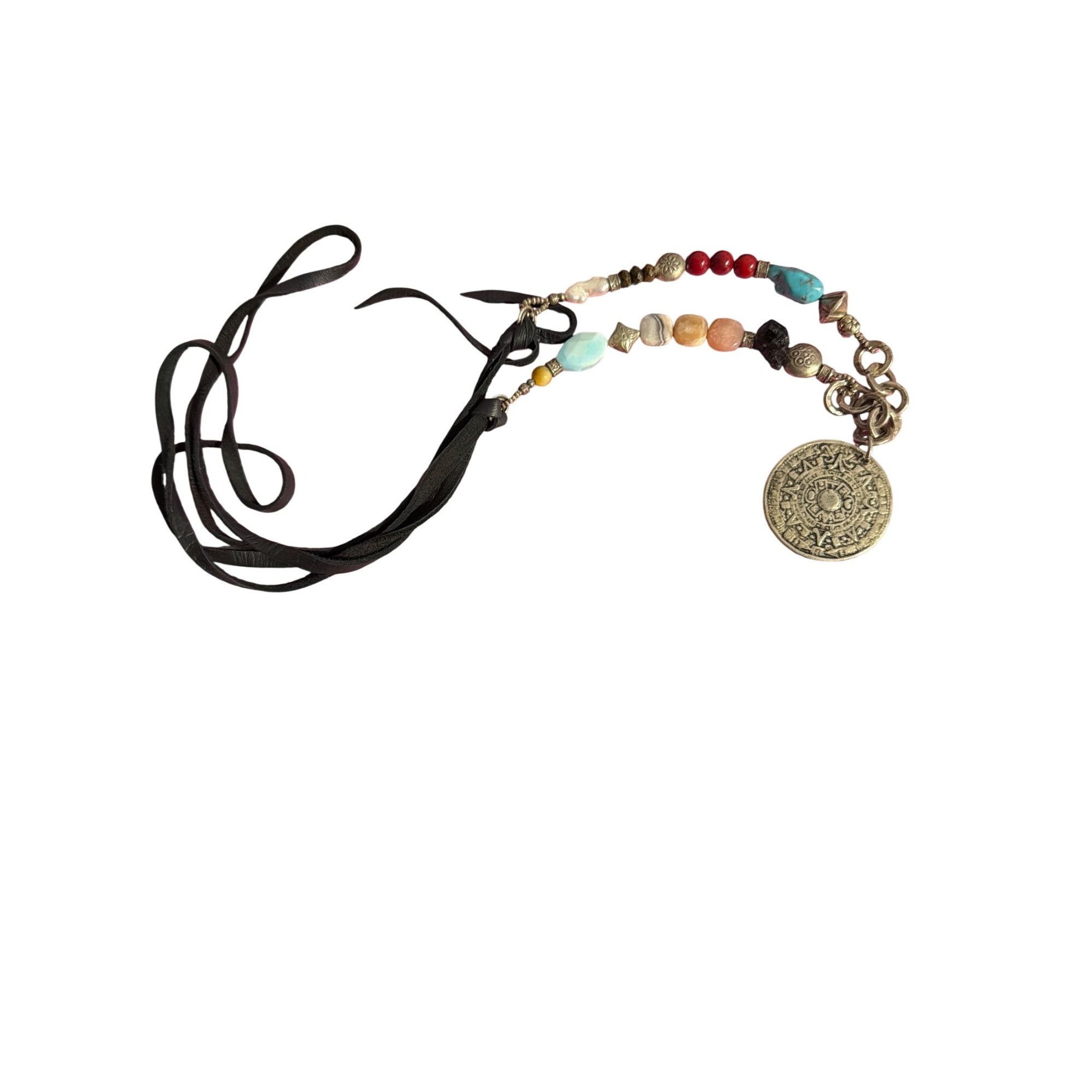 Other Bohemian Beaded Necklace Colorful Stones Black Leather Silve Size ONE SIZE - 1 Thumbnail