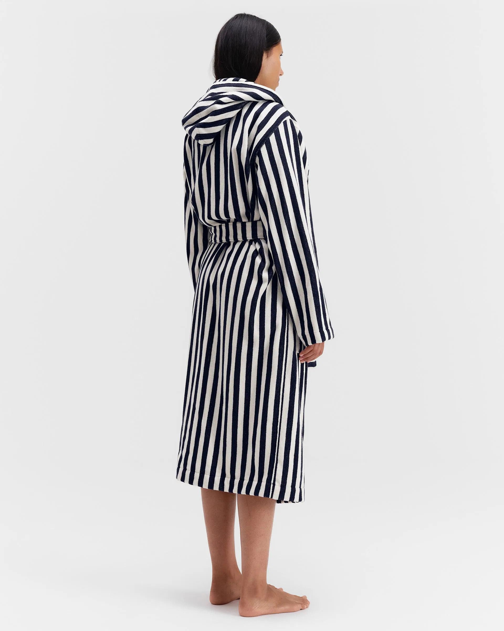 Tekla o1mle0525 Unisex Hooded Bathrobe Humbug Stripes White & Navy Size XS / US 0-2 / IT 36-38 - 3 Thumbnail
