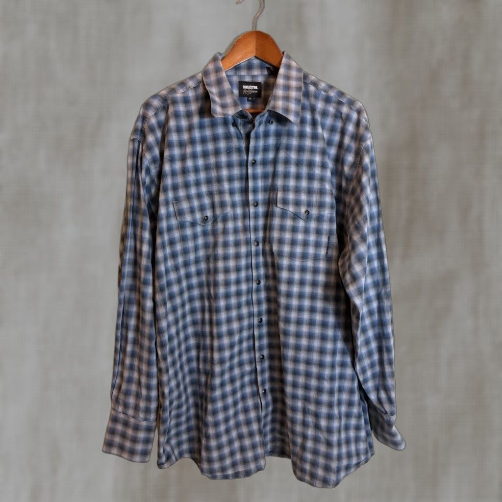 Resistol Rodeo Gear Shirt Mens XL Long Sleeve Blue Plaid Pearl Snap Shirt