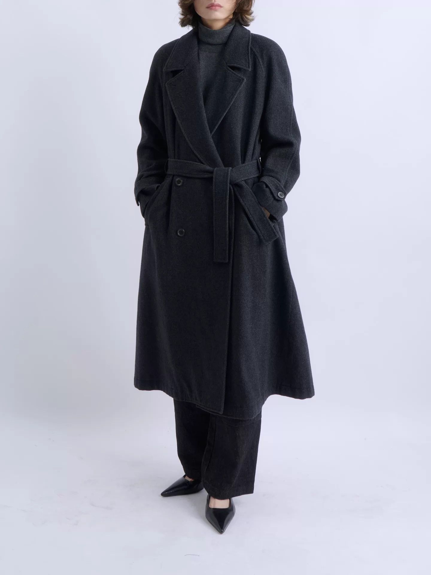 Kenzo KENZO 80s Deep Gray Herringbone Wool DB Belted Overcoat S Size S / US 4 / IT 40 - 2 Thumbnail