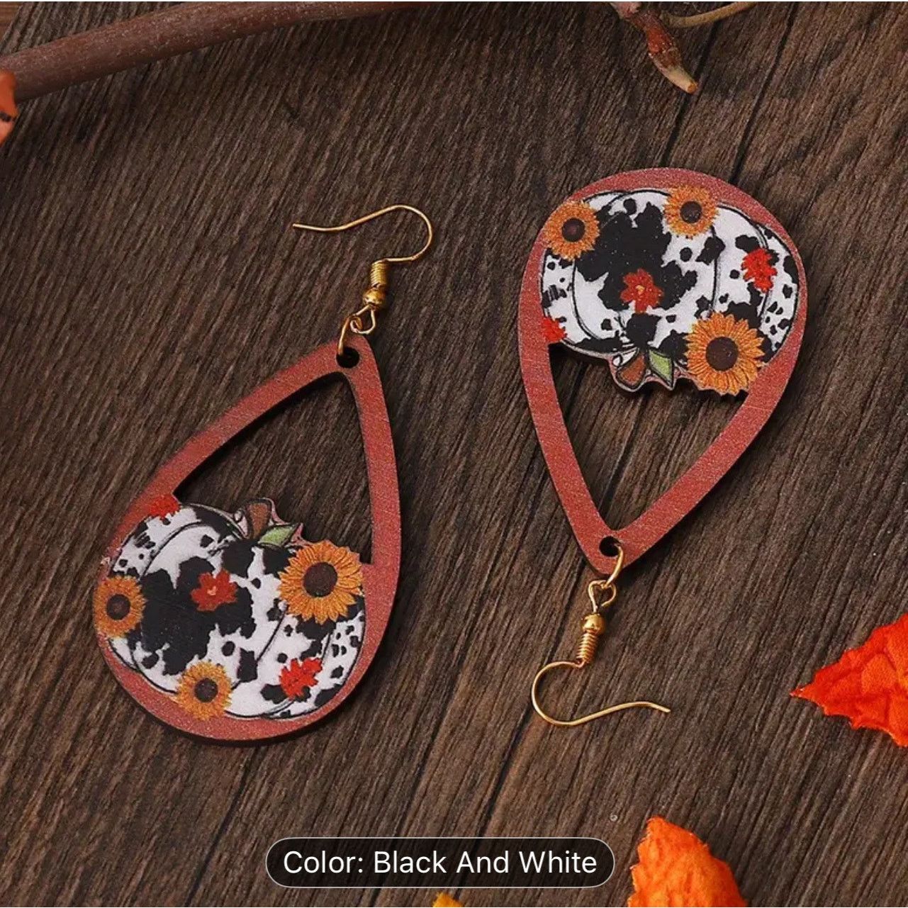 Handmade Thanksgiving Earring Cow Print Sunflower Pumpkin Wood Dangle Size ONE SIZE - 3 Thumbnail