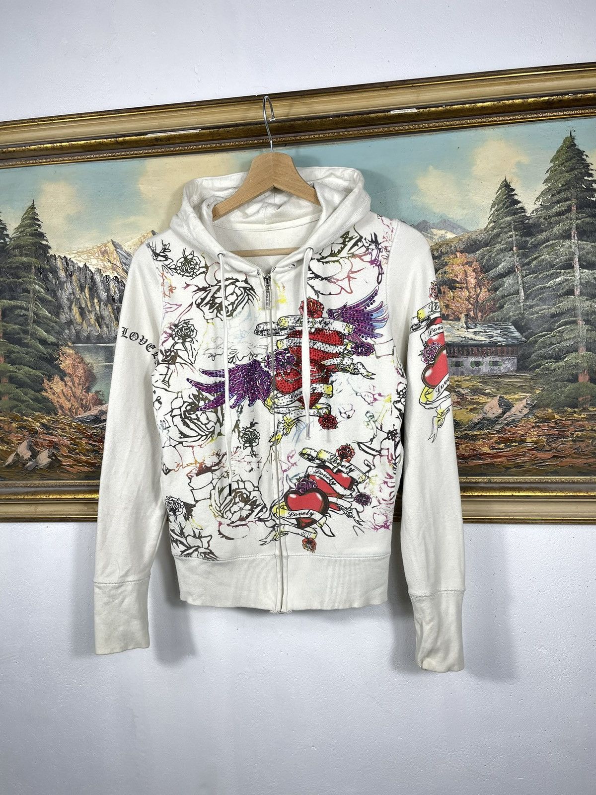 Christian Audigier × Ed Hardy × Vintage Retro 00s Ed Hardy Vibe Hoodie Crystals Affliction Grunge Size US XS / EU 42 / 0 - 2 Thumbnail