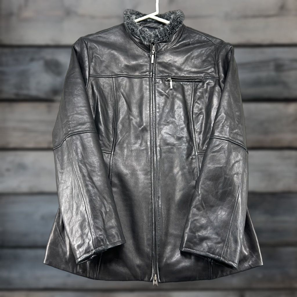 Vintage Classiques Entier Jacket Womens M Black Full Zip Fur Trim Collar Leather Mid-Length 90s Outdoor Pockets Mens Womens Size M / US 6-8 / IT 42-44 - 1 Thumbnail