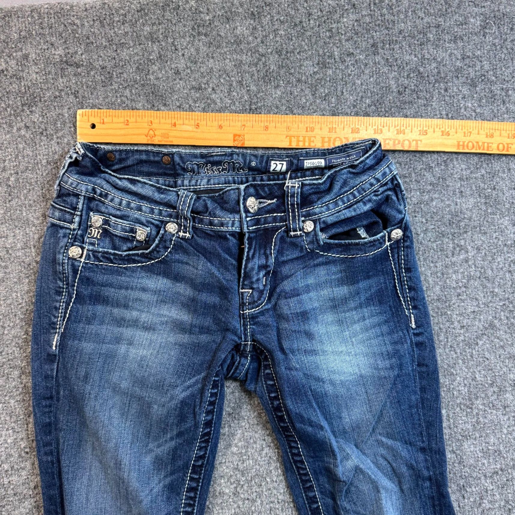 VINTAGE Miss Me Women's Bootcut Jeans 26x27 Low Rise Stretch Blue Embellished Flap Pockets Y2K