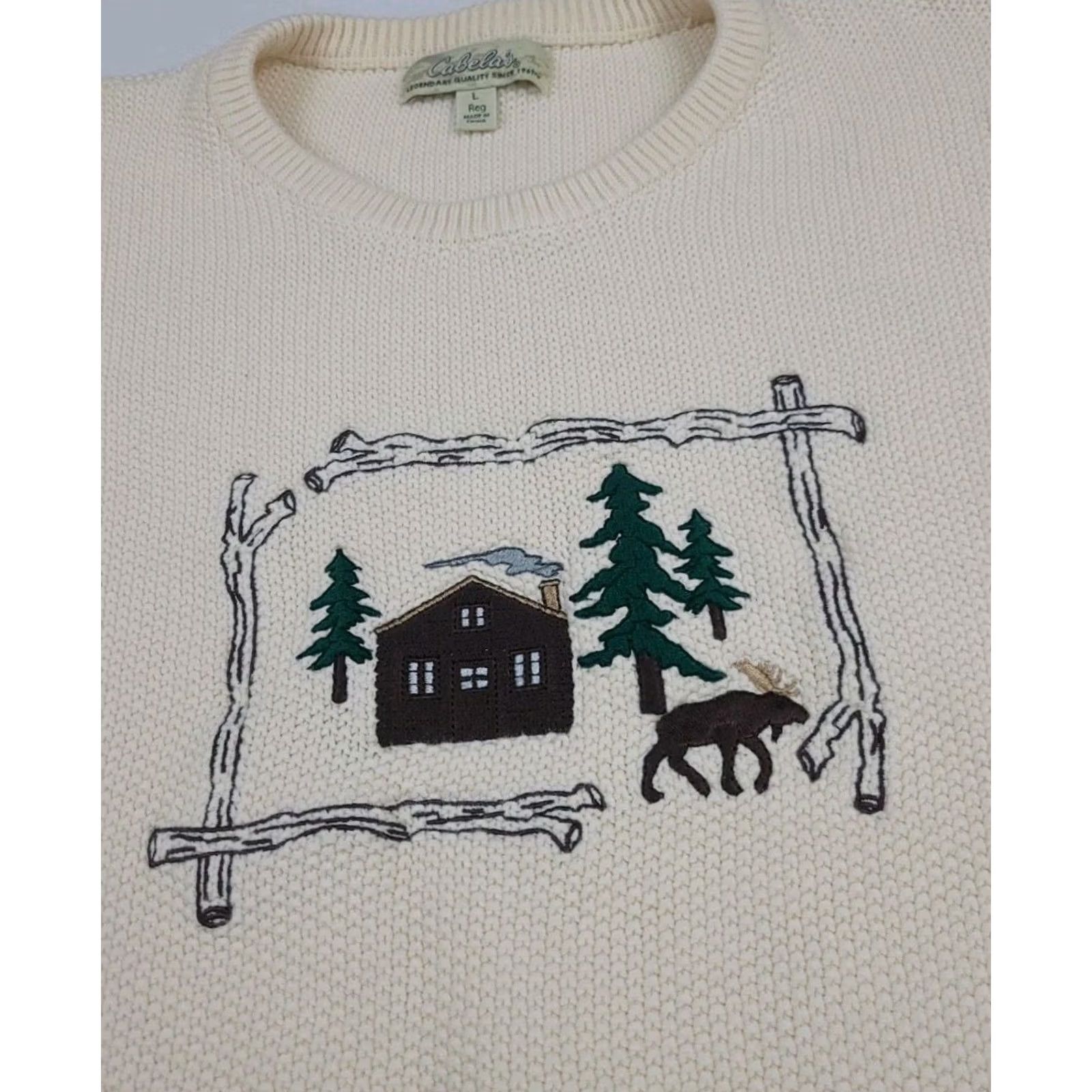 Vintage VINTAGE Cabela'S Sweater Womens L Ivory Cabin Forest Moose Embroidered Worn Vtg Outdoor Nature Size L / US 10 / IT 46 - 3 Thumbnail
