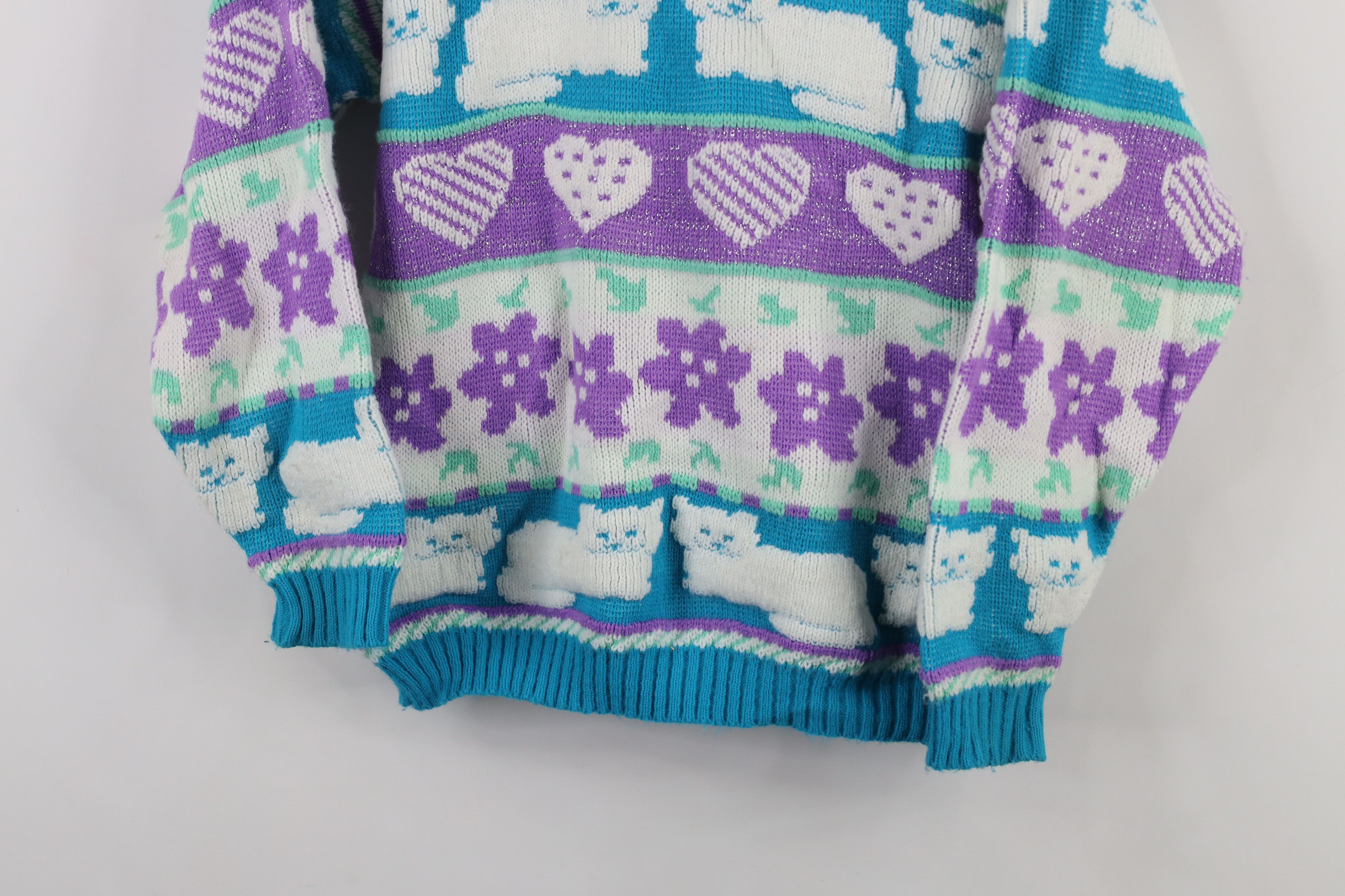 Vintage Vintage 80s 90s Kawaii Heart Cat Flower Knit Sweater USA Size XS / US 0-2 / IT 36-38 - 3 Thumbnail