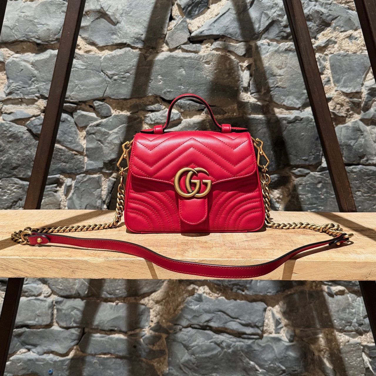 Gucci Gucci Red GG Marmont Mini Top Handle Bag With Chain Size ONE SIZE - 1 Thumbnail